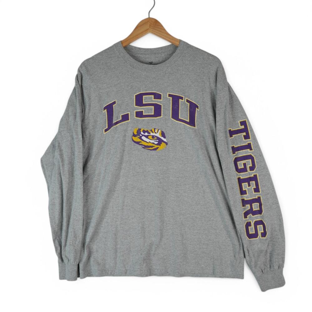 Fanatics LSU Tigers Spell Out Graphic T-Shirt Mens‎ Large Long Sleeve Gray